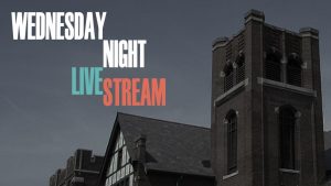The gothic tower at Royal Oak First under a grey filter with the text "Wednesday Night LiveStream"