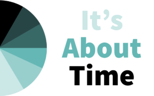 Semi-circle split into wedges of lightening shades of blue with the text "It's About Time"